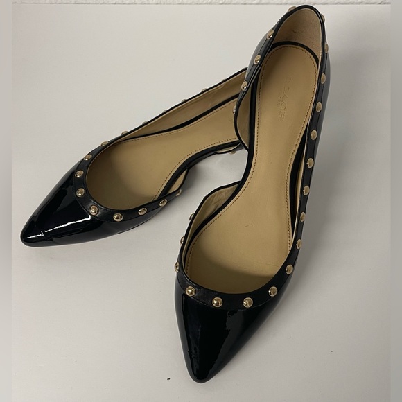 Coach Rita Pointed d’orsay Flats in Black Patent Leather Gold Studs - Picture 1 of 4